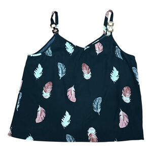 Cupshe Tank Top Womens XL Black Feather Print Adjustable Strap Gold Detail New